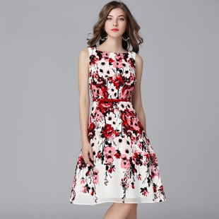 女装 新款 无袖 连衣裙子2026夏季 背心碎花双层雪纺a字收腰修身 大码