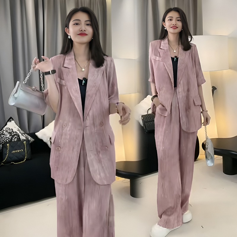大码女装薄款中袖西装外套套装女胖mm夏季西服阔腿裤松紧腰两件套