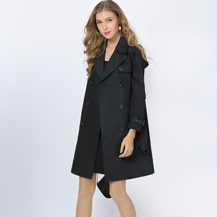 大码女装西装领双排扣系带风衣2026年薄款中长胖mm春季黑外套套秋