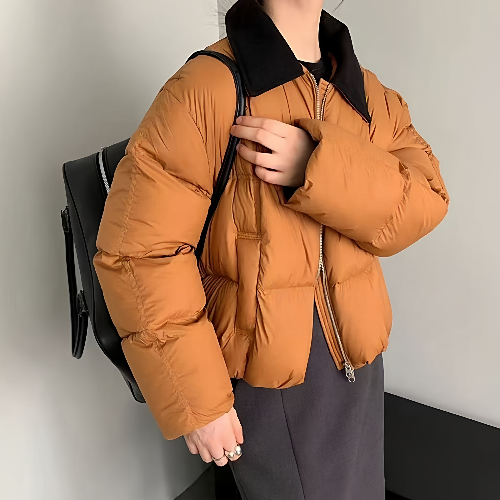 翻领撞色加厚保暖白鸭绒羽绒服女