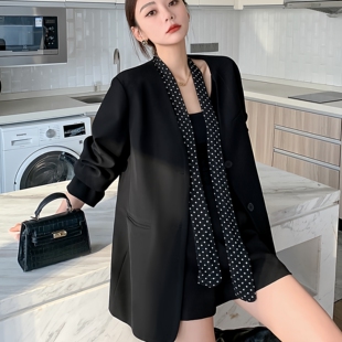 春季新款大码女装通勤百搭宽松西装外套女胖mm时尚宽松飘带小西服