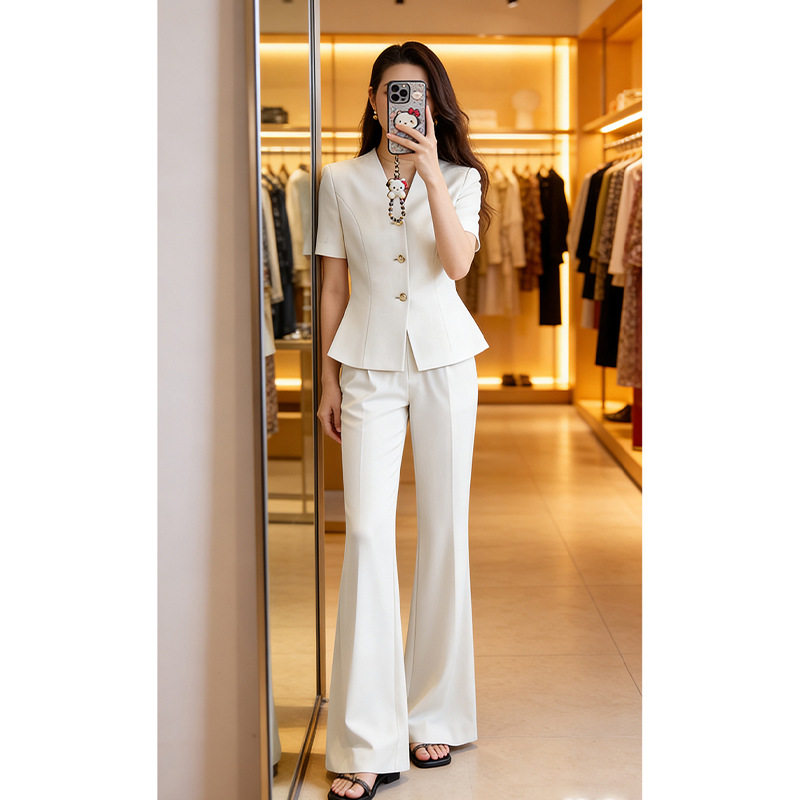 高级感大码夏季新款短袖西装微喇裤套装女胖mm显瘦薄款职业两件套