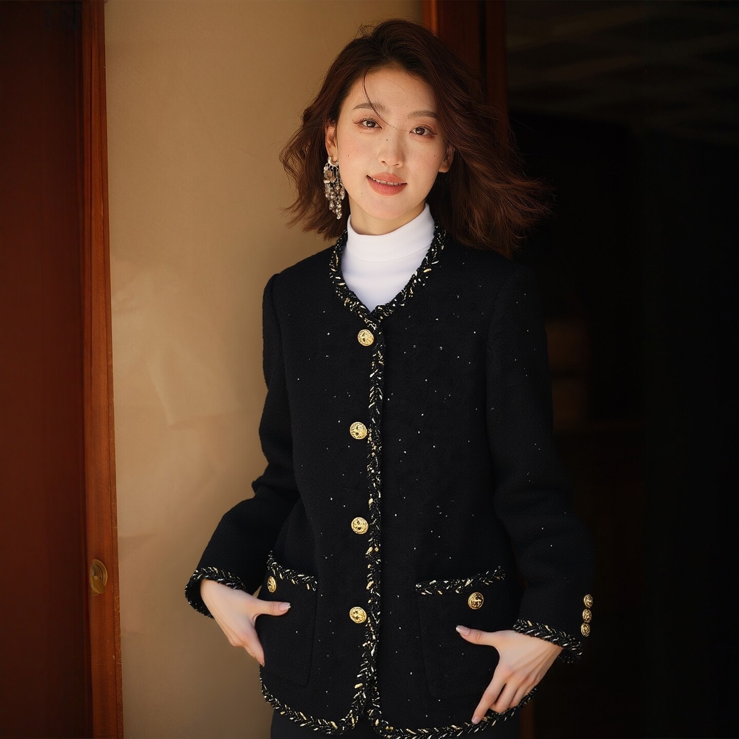 小香风粗花呢亮片显瘦短外套女