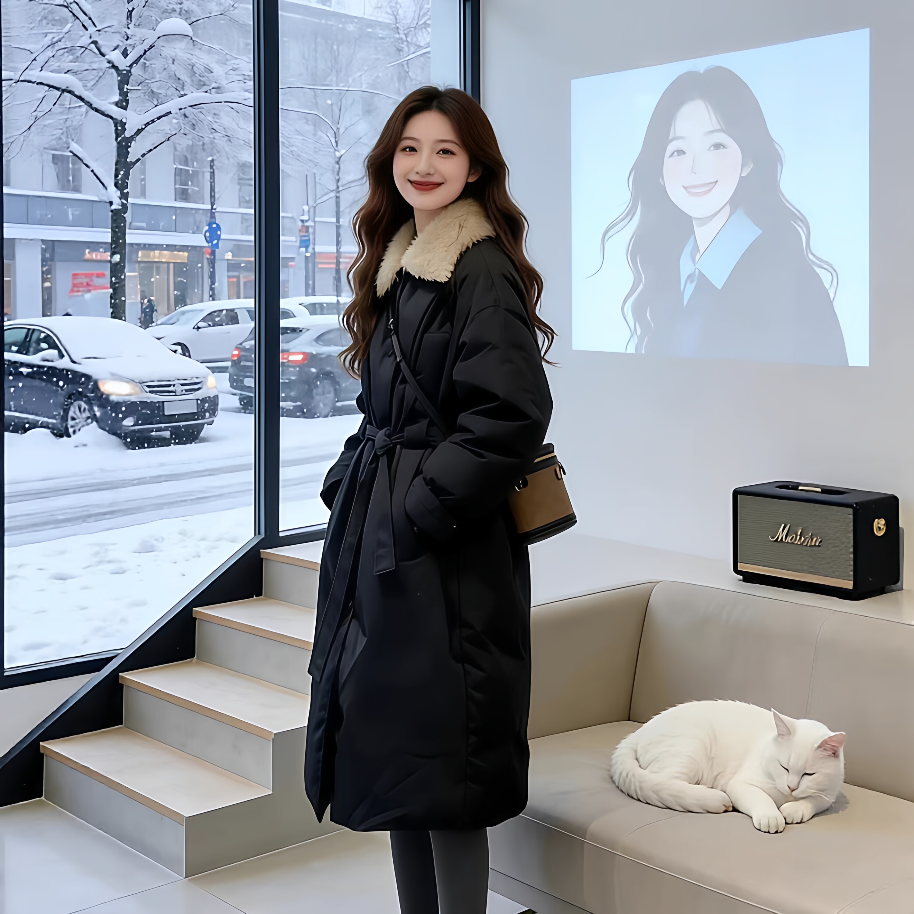 翻领羊羔毛领收腰白鸭绒羽绒服女装长款冬季新款外套风衣式派克服