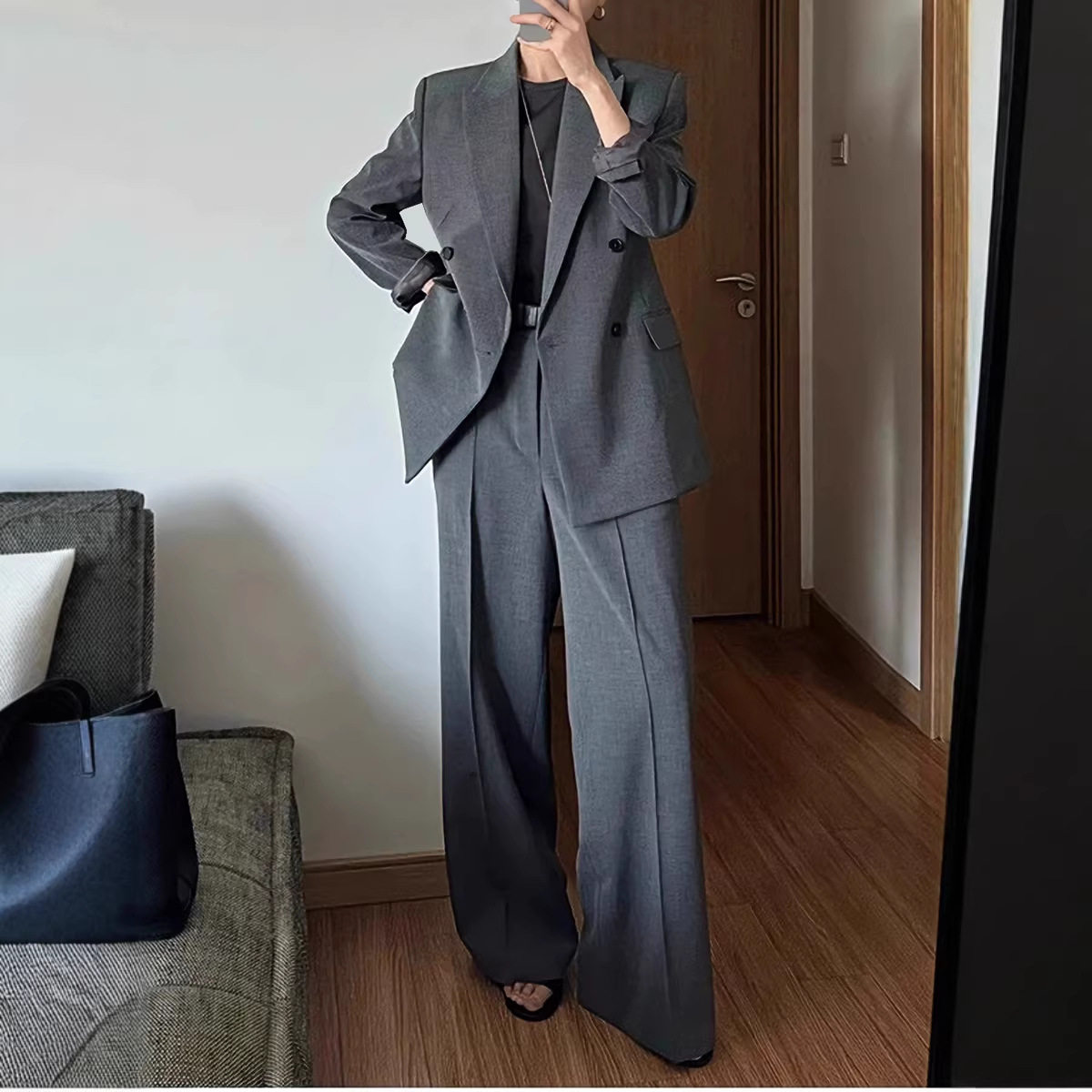 老钱风西装裤子大码女装两件套2026春秋新款外套灰色职业西服套装