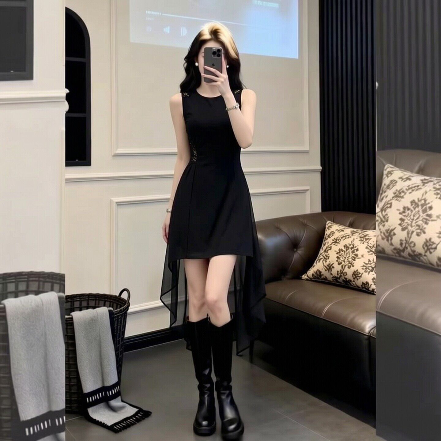 法式无袖黑色连衣裙女收腰显瘦蕾丝拼接雪纺小黑裙赫本风燕尾裙子