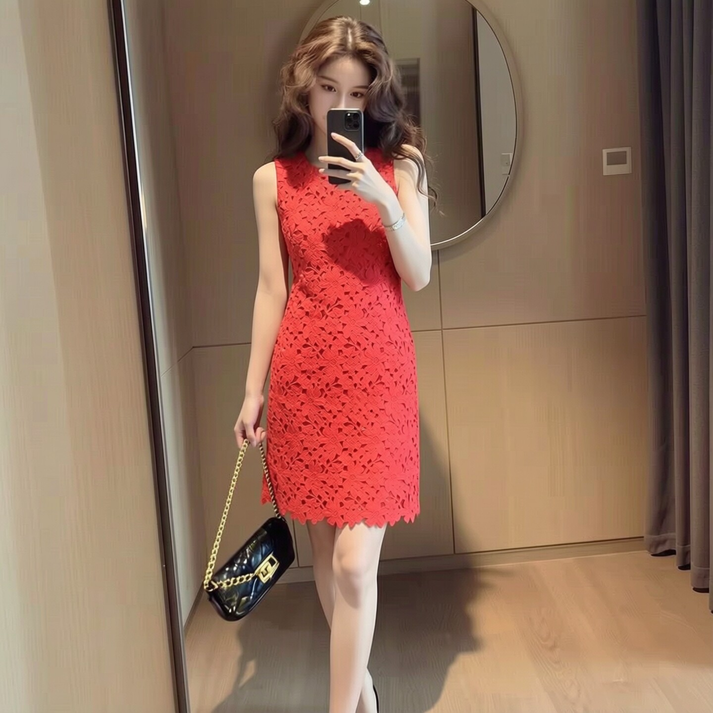 红色棉质水溶蕾丝连衣裙女无袖修身a字裙子高级感显瘦气质名媛风