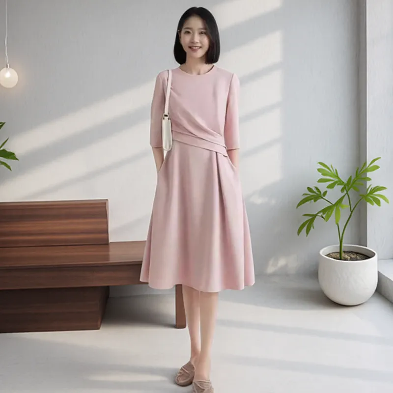法式收腰捏皱七分袖礼服连衣裙女