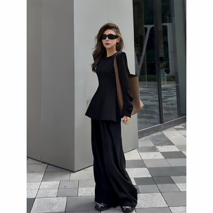黑色套装 女装 胖mm韩版 2026春季 上衣阔腿裤 大码 休闲套衫 两件套 新款