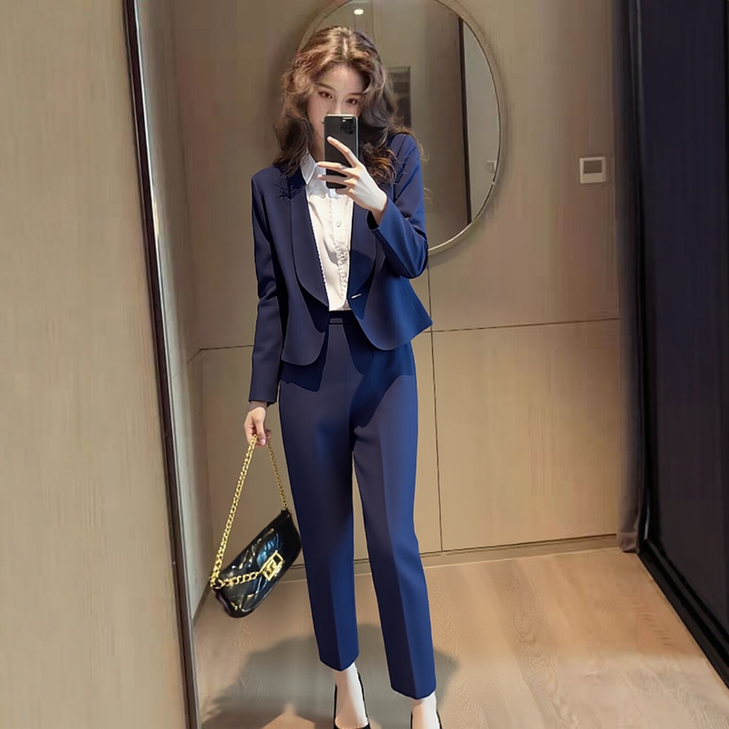 深蓝无扣收腰显瘦西装两件套女