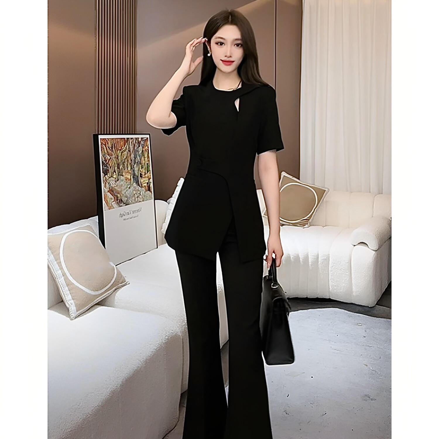 轻熟优雅风大码套装女短袖镂空上衣喇叭裤子两件套通勤高级感气质