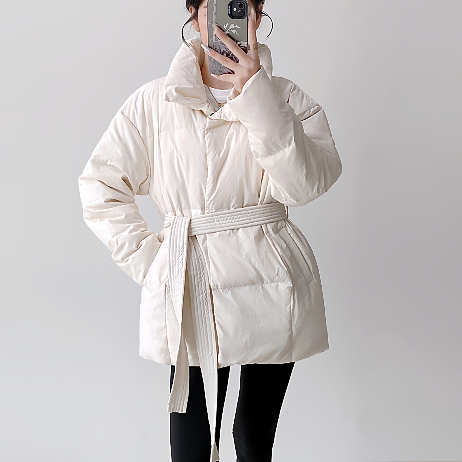 腰带立领白鸭绒羽绒服女冬季设计感短款收腰显瘦白色外套2025新款