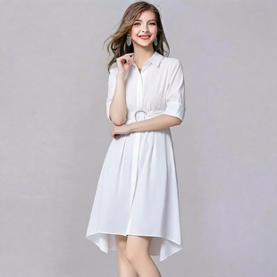 长款女装黑色衬衣夏季大码中袖a字白色束腰衬衫连衣裙子新款春秋