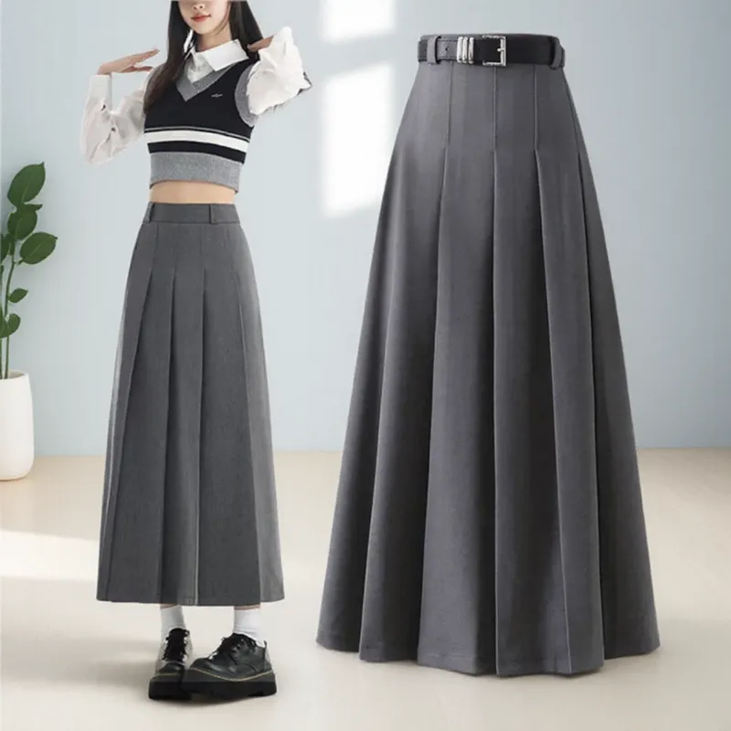 百褶西装半身裙女高腰遮胯A字伞裙修身显瘦中长款2025春秋新款