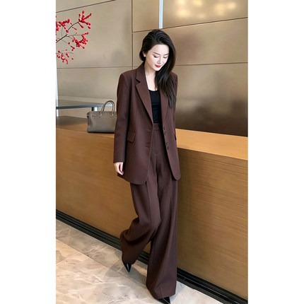 通勤风西装裤子两件套女大码秋季新款宽松大码套装职业装长袖棕色