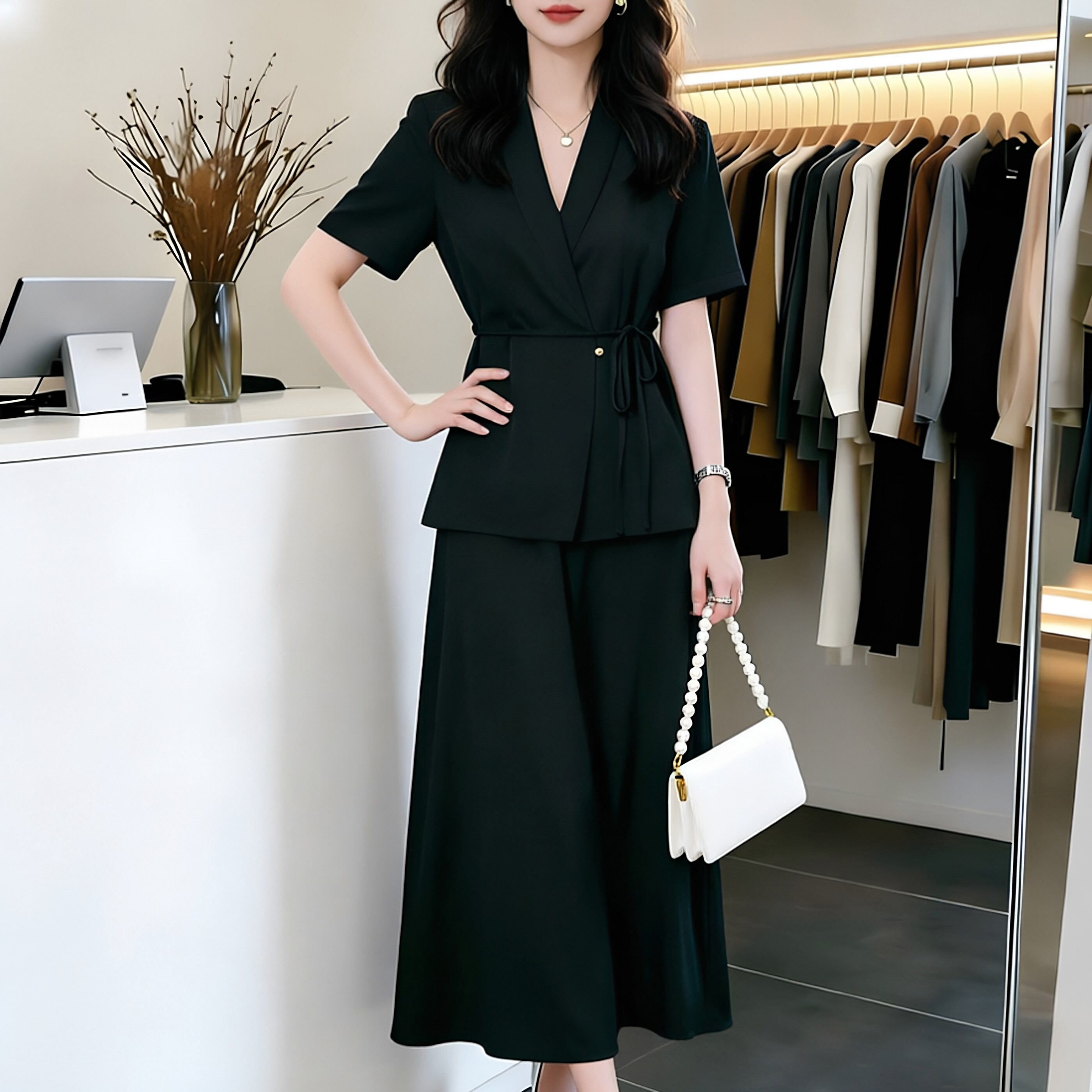 轻熟优雅风短袖西装女夏薄款收腰绑带气质职业套装缎面吊带裙长裙