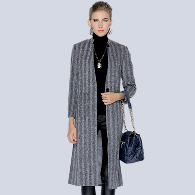 女士黑色立领毛呢外套竖条纹过膝