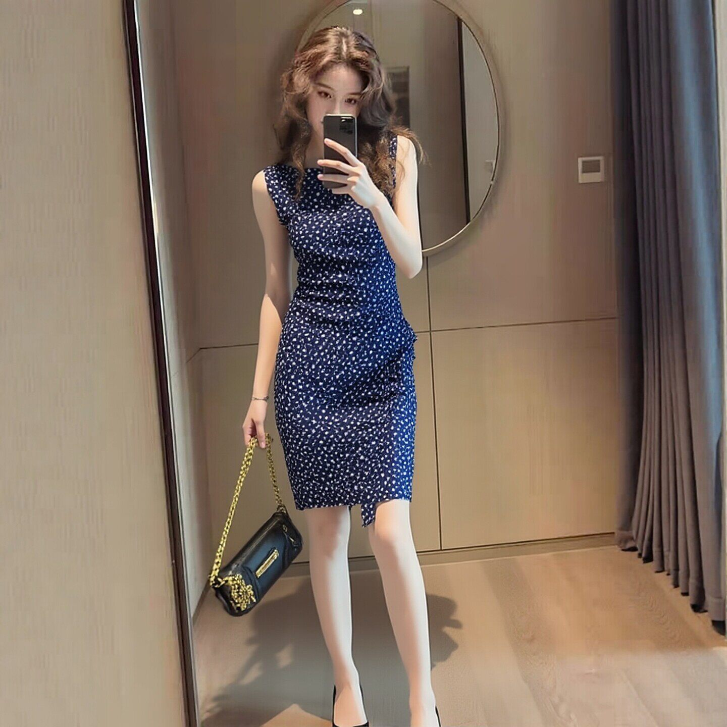 轻奢无袖蓝色波点收腰包臀开叉连衣裙夏气质名媛高级感女神范裙子