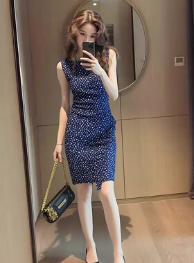 轻奢无袖蓝色波点收腰包臀开叉连衣裙夏气质名媛高级感女神范裙子