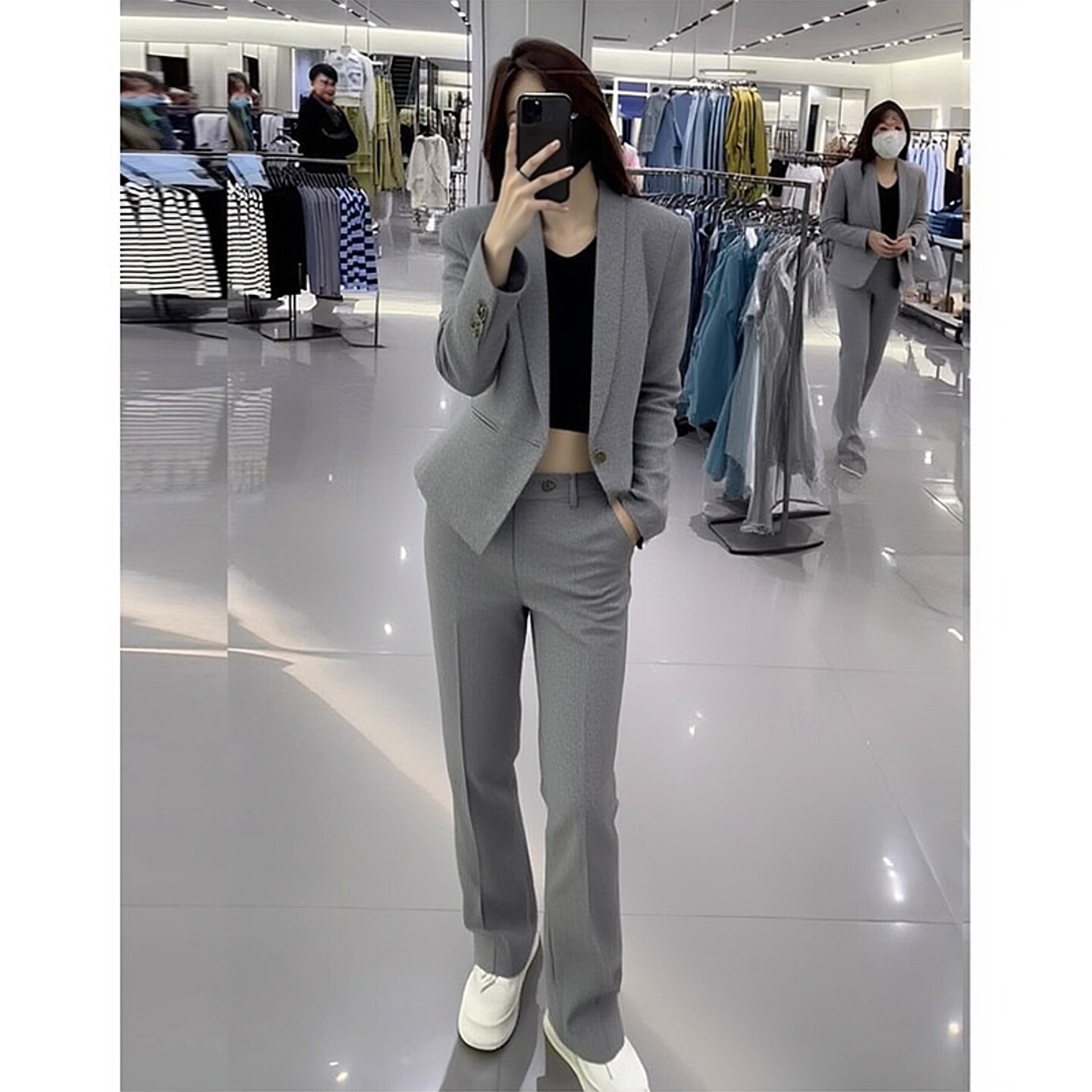 春秋新款ol通勤职业大码女装格子小西装裤子灰色外套工作服套装