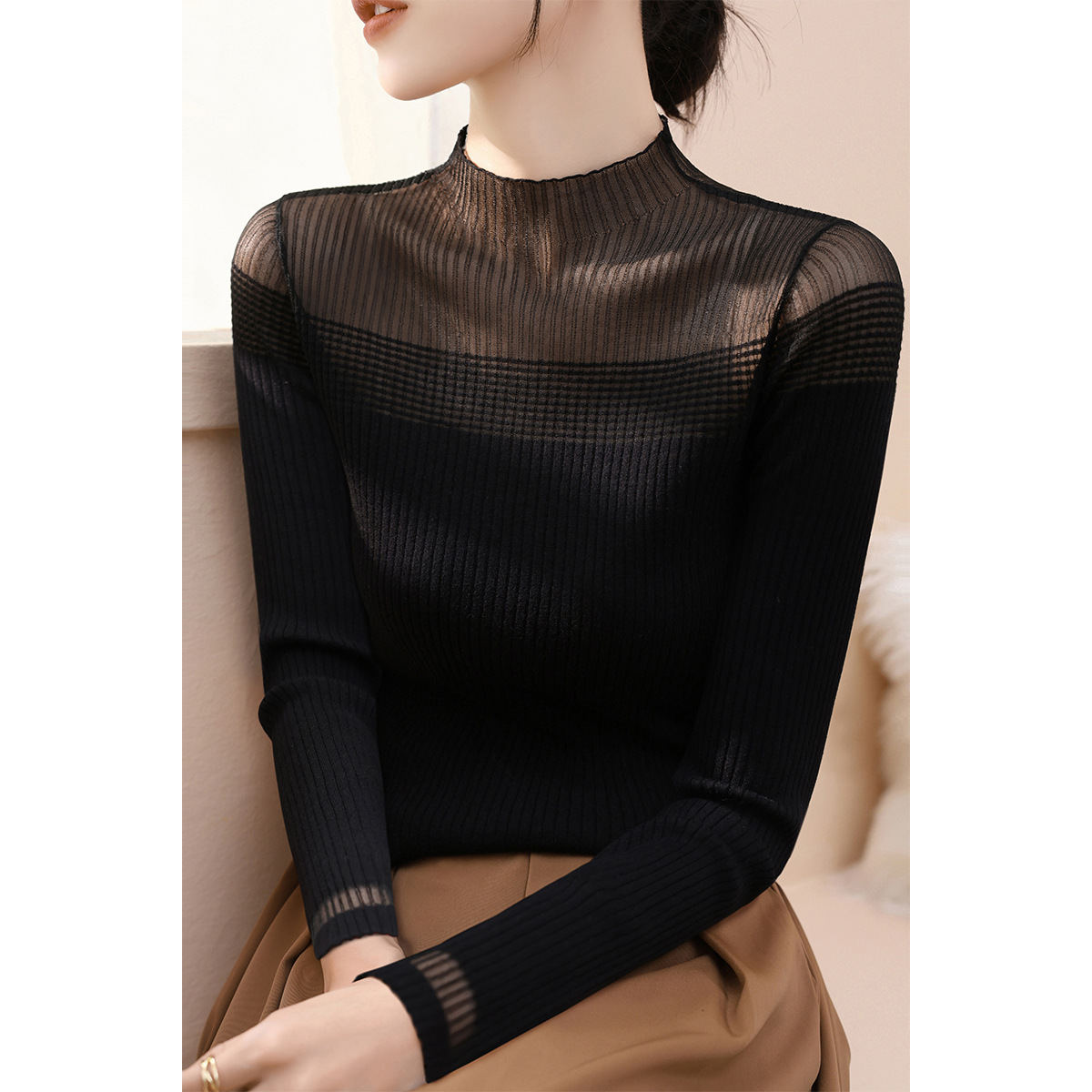 秋季黑色高级感气质蕾丝网纱毛衣