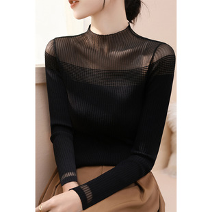 修身 半高领长袖 内搭针织打底 黑色高级感气质蕾丝网纱毛衣女装 秋季
