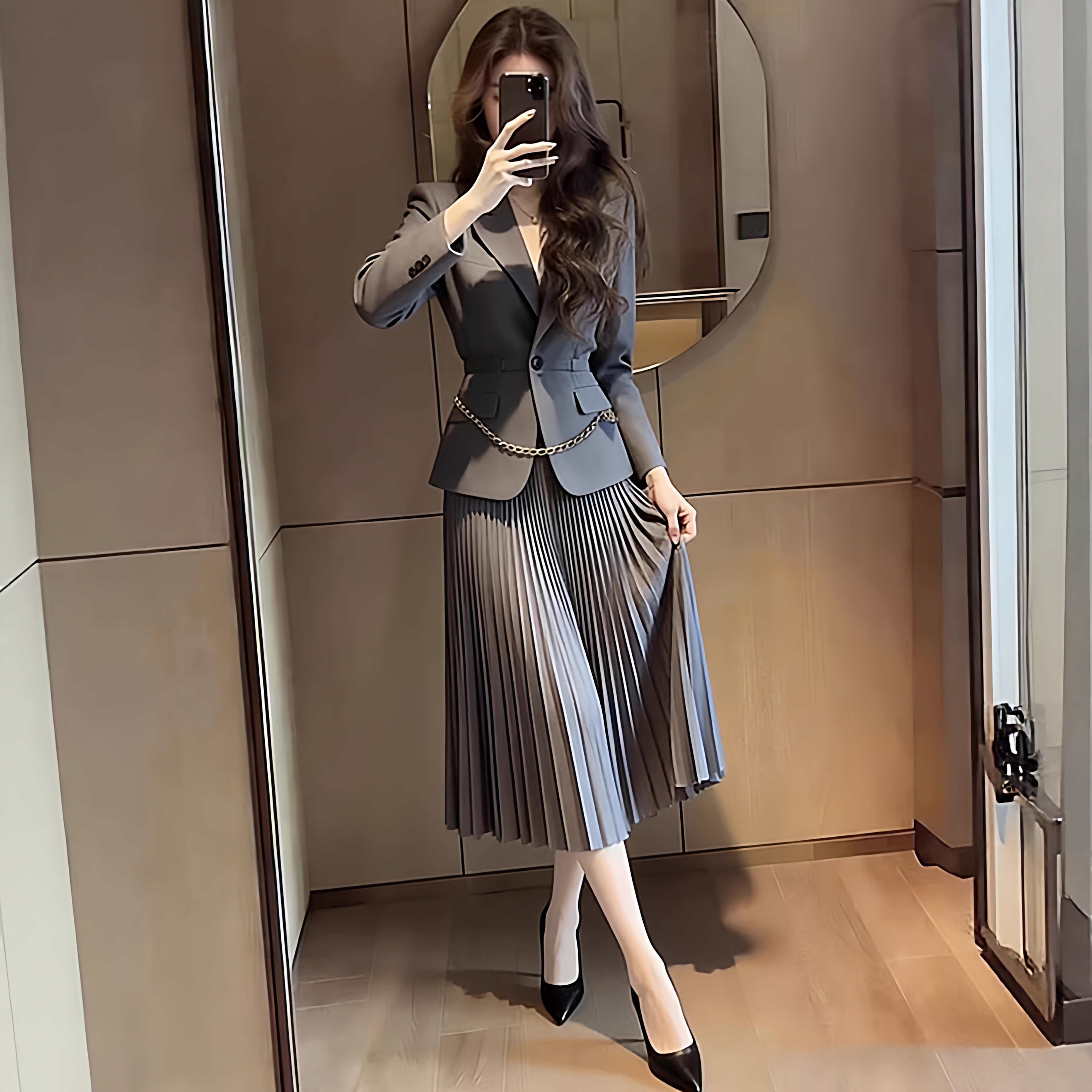 2026春秋新款胖mm大码套装职场气质女神范西装百褶裙时尚两件套装