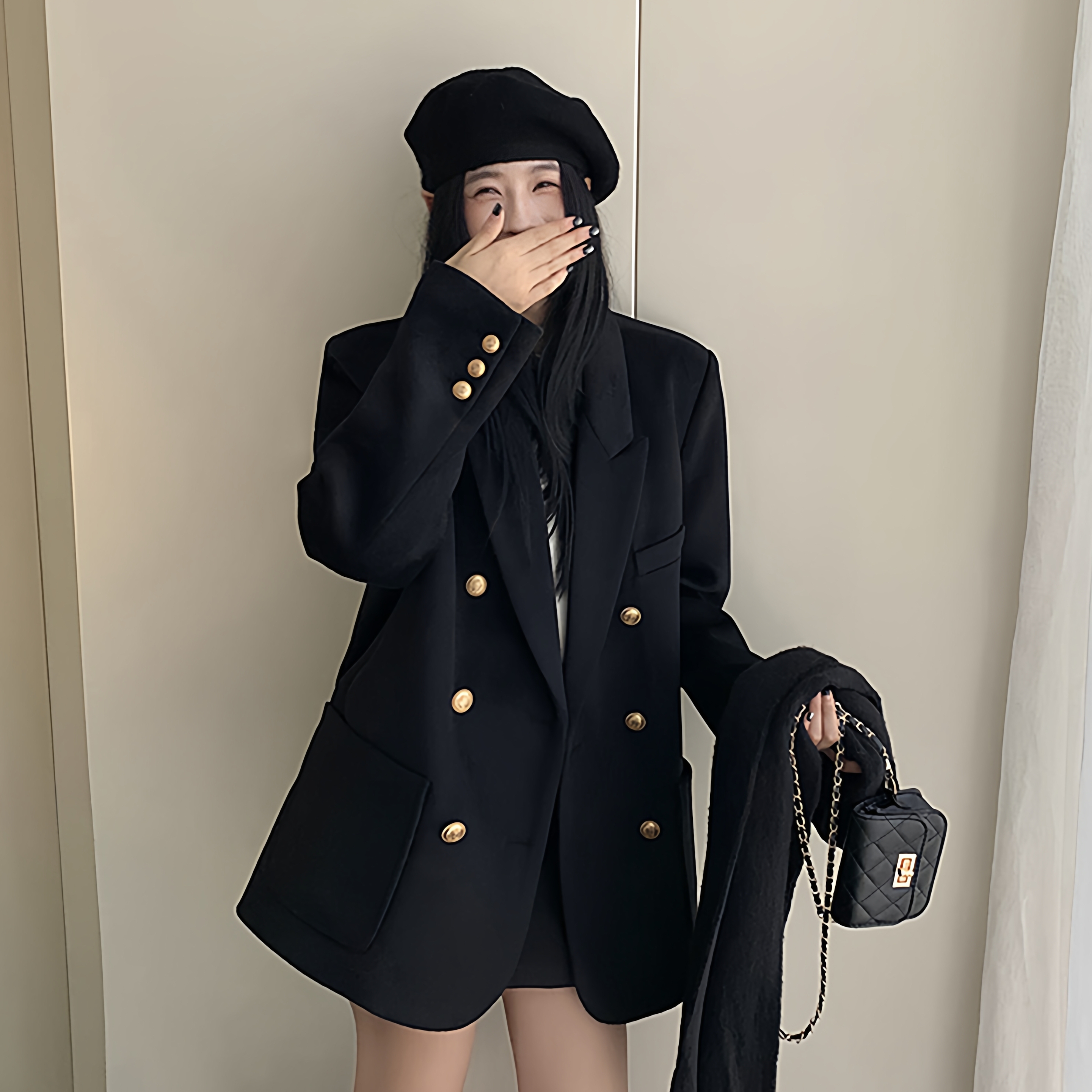 金属扣毛呢西服外套宽松呢子大衣