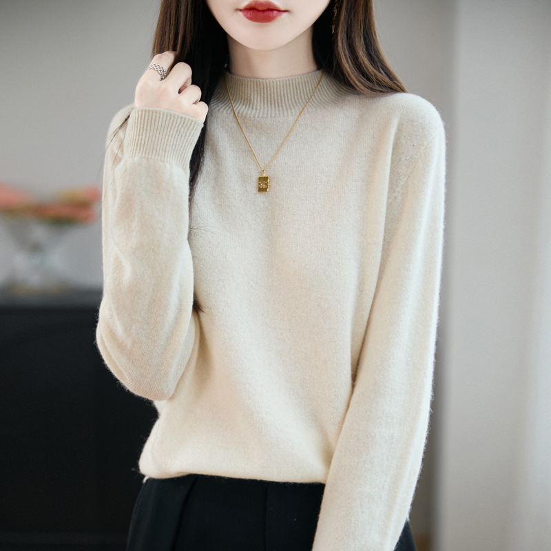 一线成衣羊毛混纺秋冬新款女装修身半高领毛衣针织衫打底长袖上衣