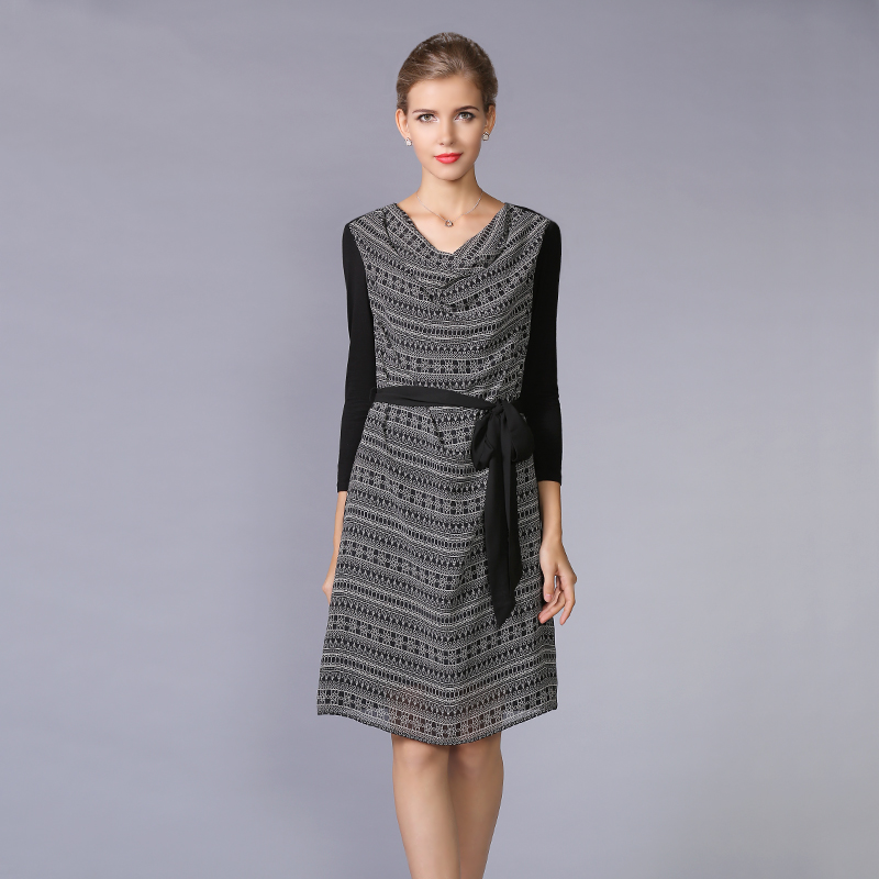 大码印花雪纺拼接针织连衣裙长袖