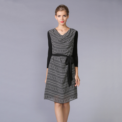 大码印花雪纺拼接针织连衣裙长袖