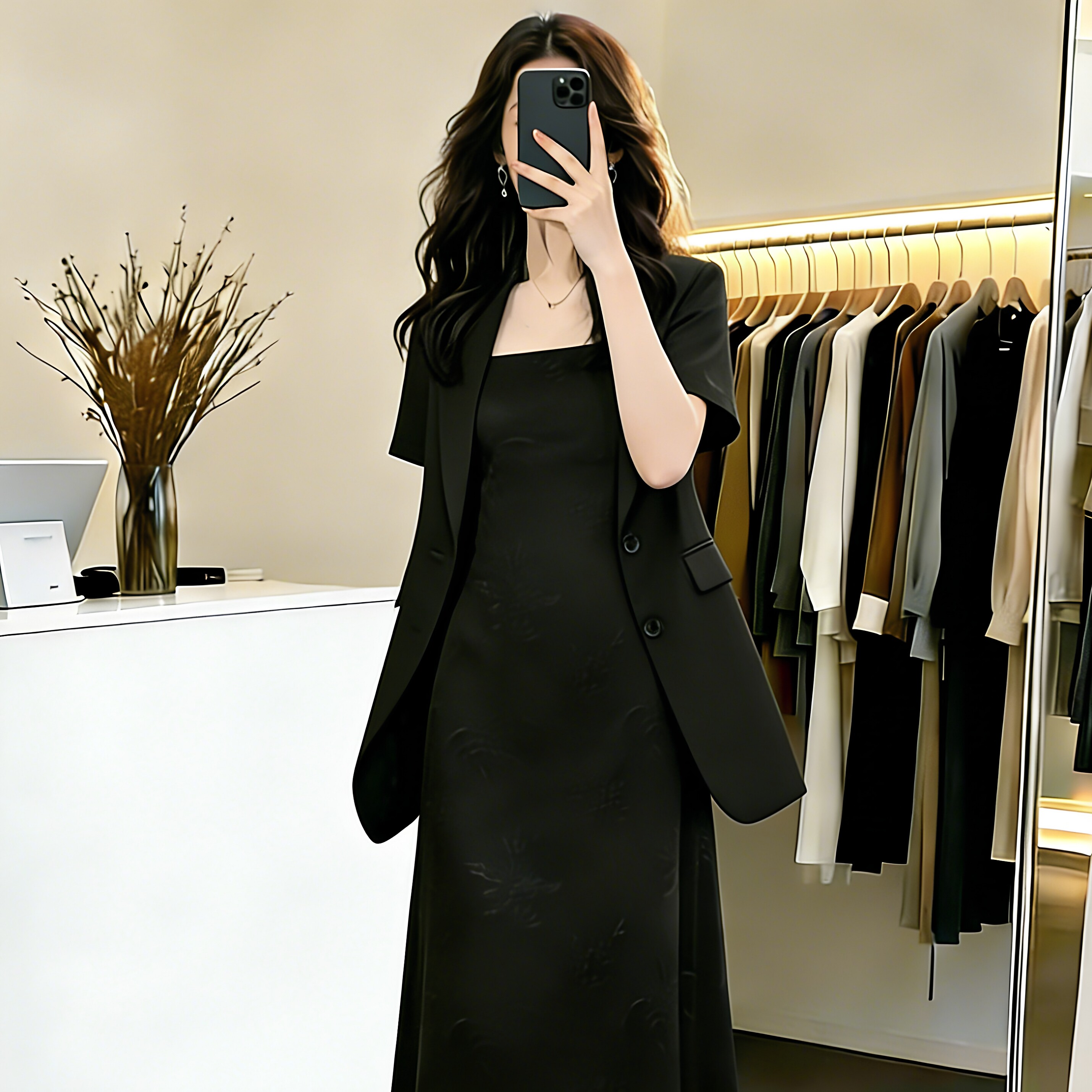 黑色短袖西装女夏薄款高知感御姐风职场套装后开衩吊带裙子两件套