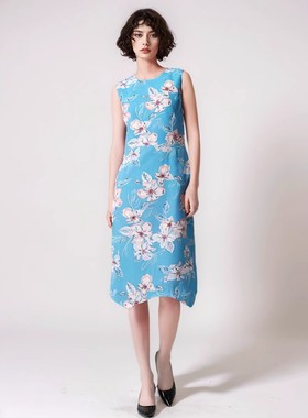 春夏季无袖背心宽松雪纺不规则蓝色花印雪纺连衣裙子大码女装