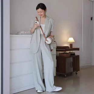 大碼 薄款 女裝 長款 短袖 闊腿褲 西裝 胖mm西服西褲 通勤兩件套夏季 套裝