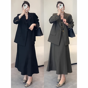 春秋新款大码宽松假两件西装马甲外套女胖mm百搭显瘦半身裙两件套