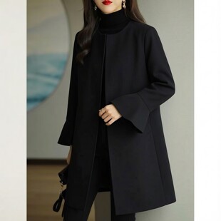 宽松a字圆领荷叶袖风衣外套无扣短款大衣2026年新款春季大码女装