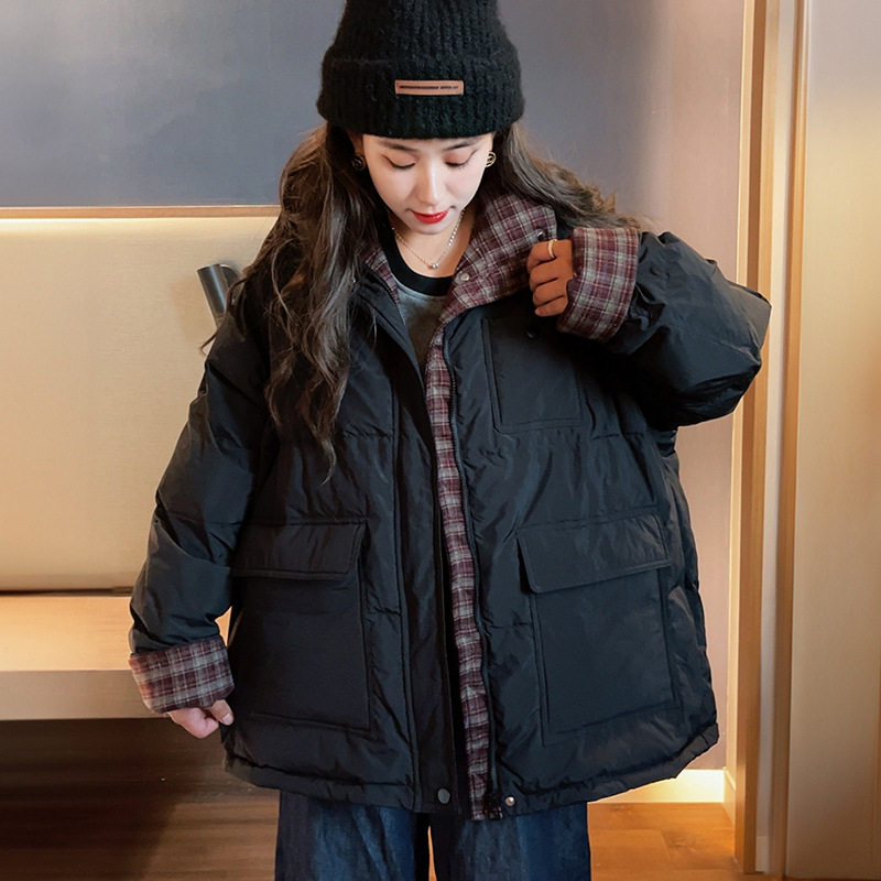 大码工装拼色中长款保暖羽绒服女