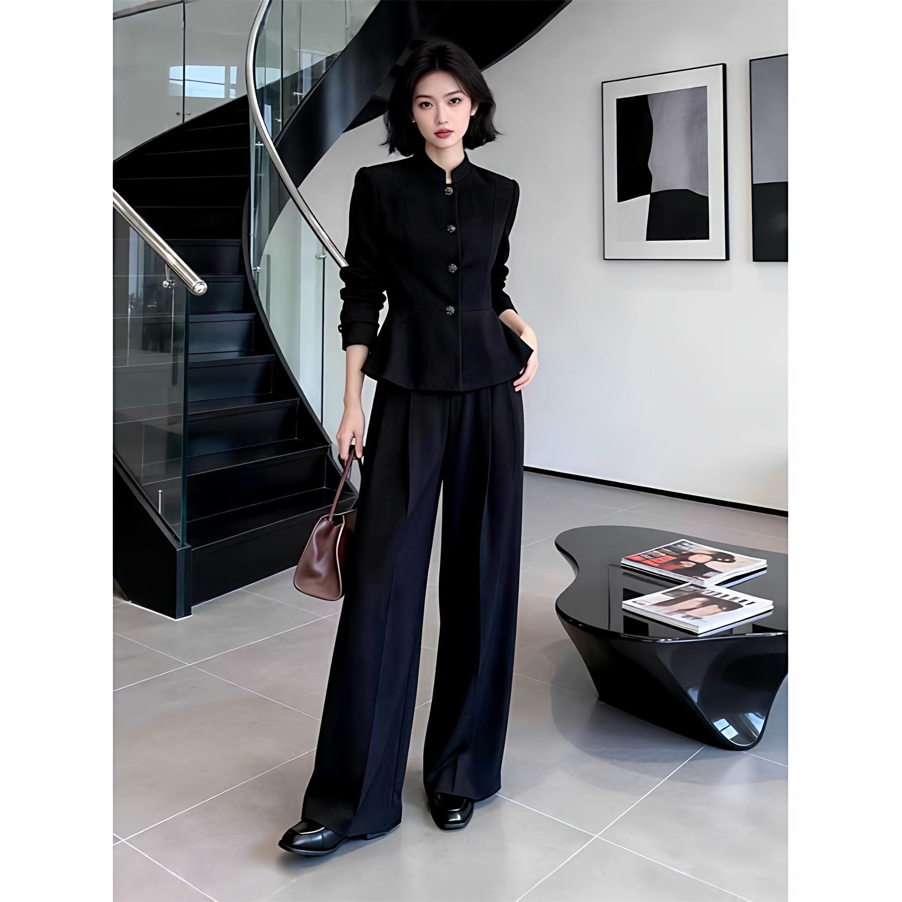 春秋大码女装立领夹克套装女时尚高级感黑色西服阔腿裤休闲两件套,女装/女士精品,常规大码外套,淘宝优惠券,粉丝福利购,淘宝优惠卷