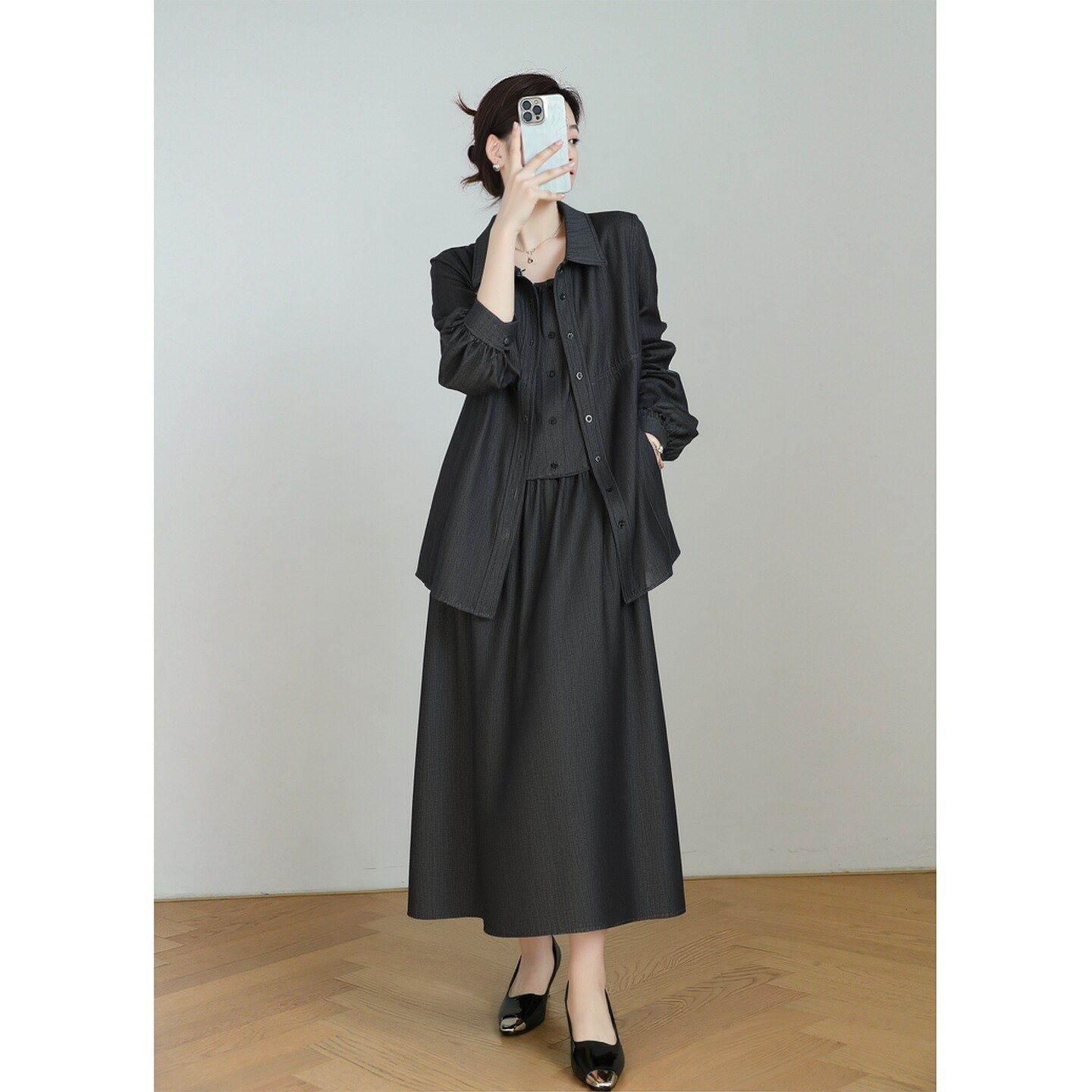 大码女装胖mm美式复古长袖衬衫短款吊带半身裙三件套2025秋季新款