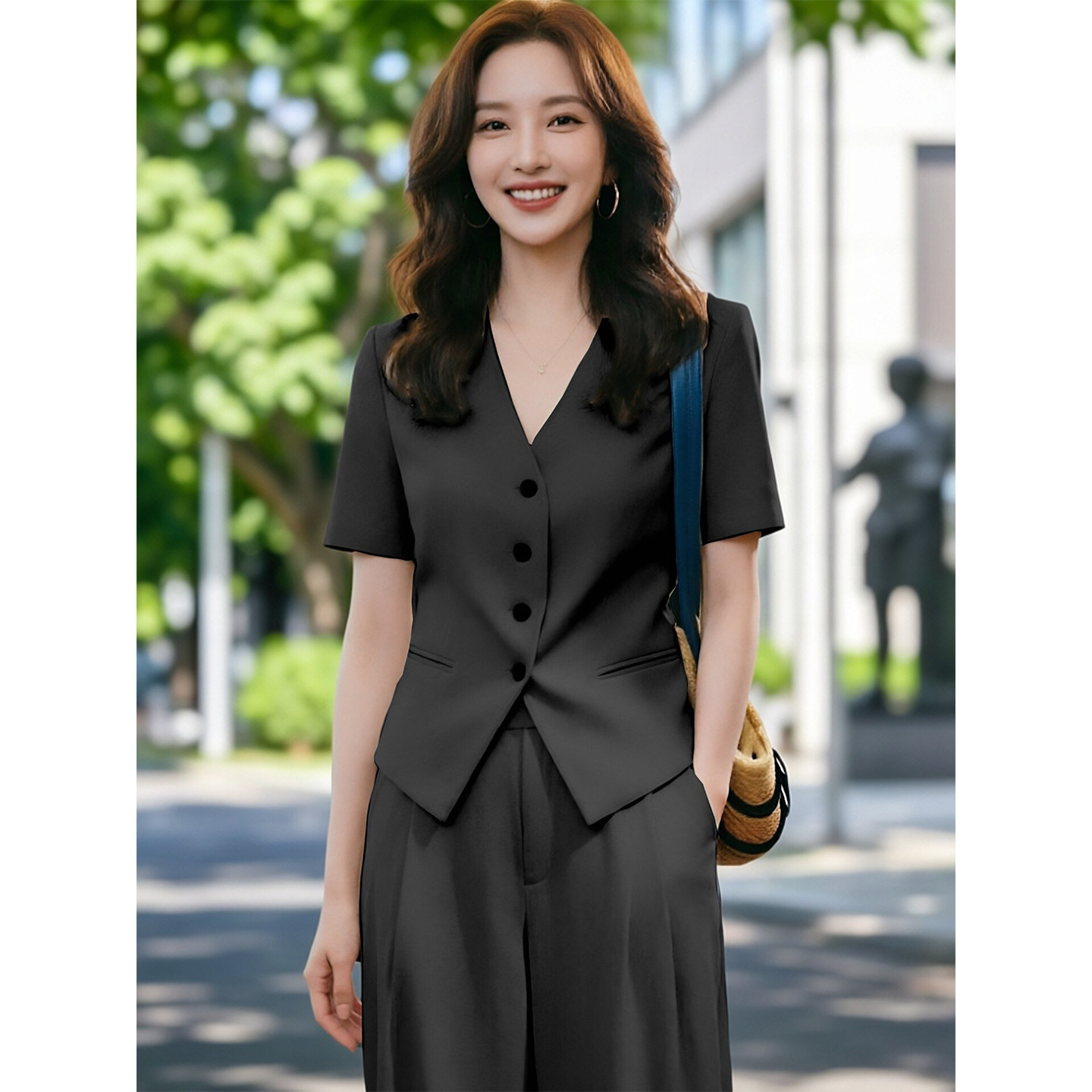 短袖束腰短款小西装松紧腰阔腿裤两件套大码女装夏装显瘦薄款透气