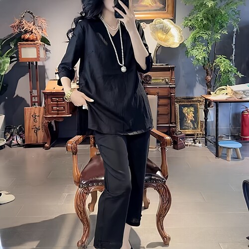 新中式大码女装盘扣九分裤套装
