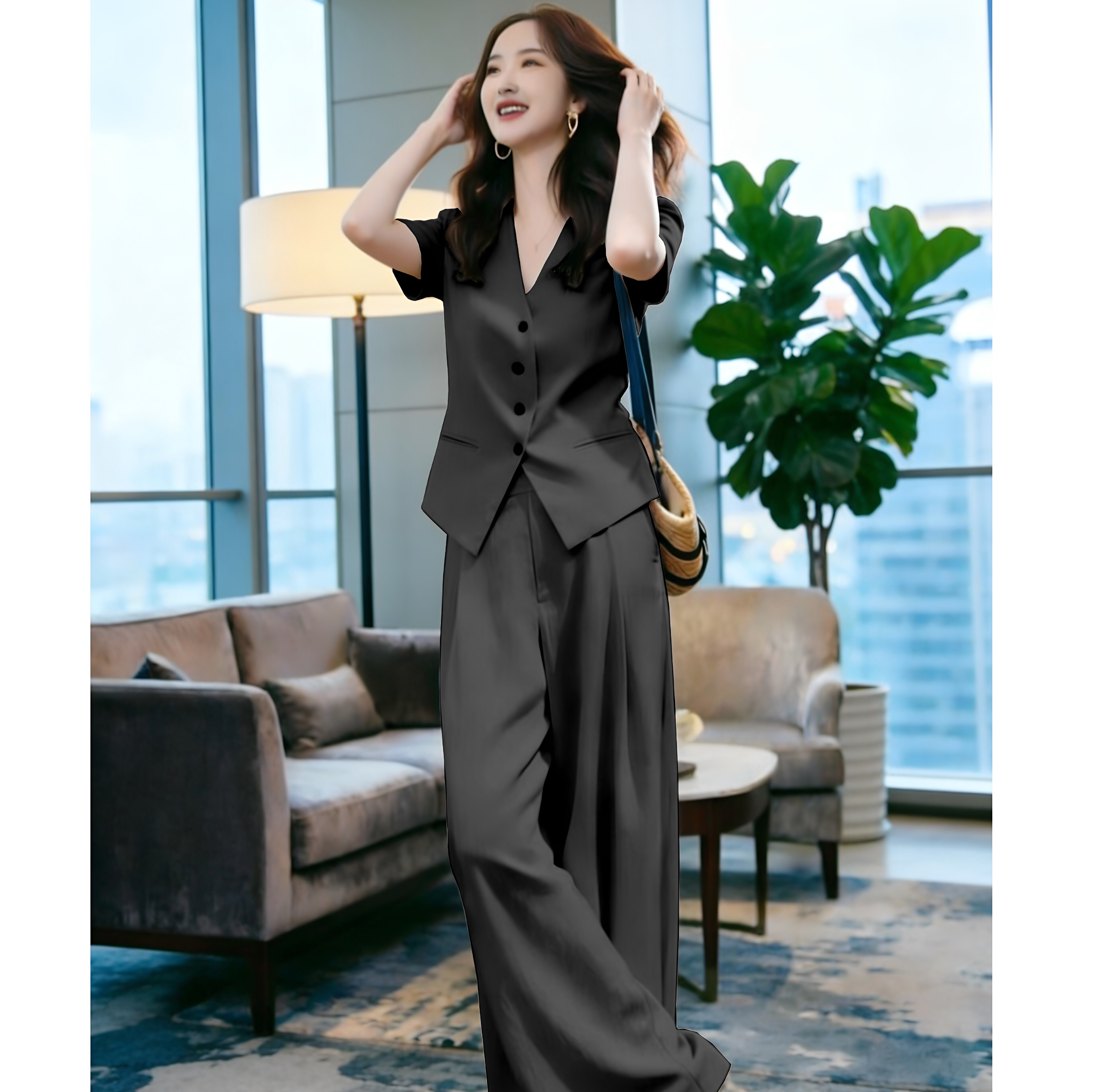 短袖束腰短款小西装松紧腰阔腿裤两件套大码女装夏装显瘦薄款透气