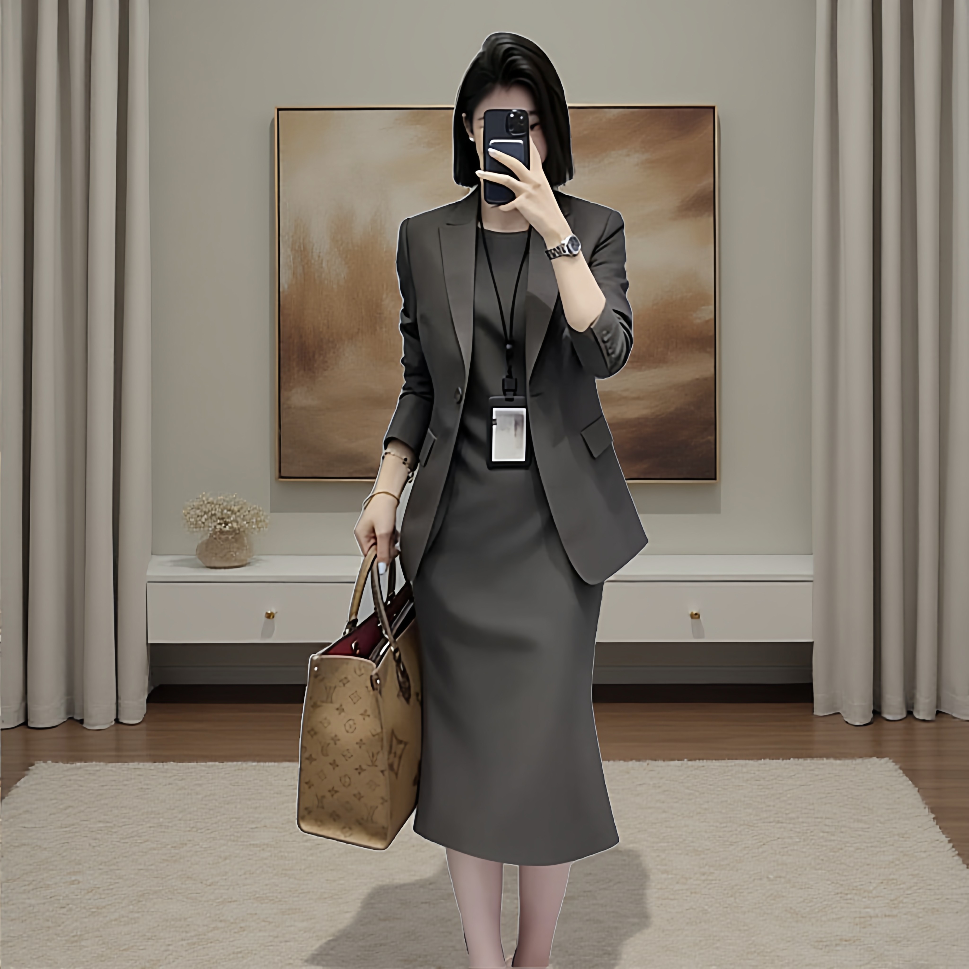 胖mm长袖修身西装无袖连衣裙子职业两件套装春秋新款大码通勤女装