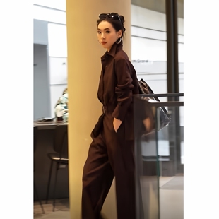 老钱风长袖中长款衬衫宽松阔腿裤套装春季新款两件套时尚大码女装