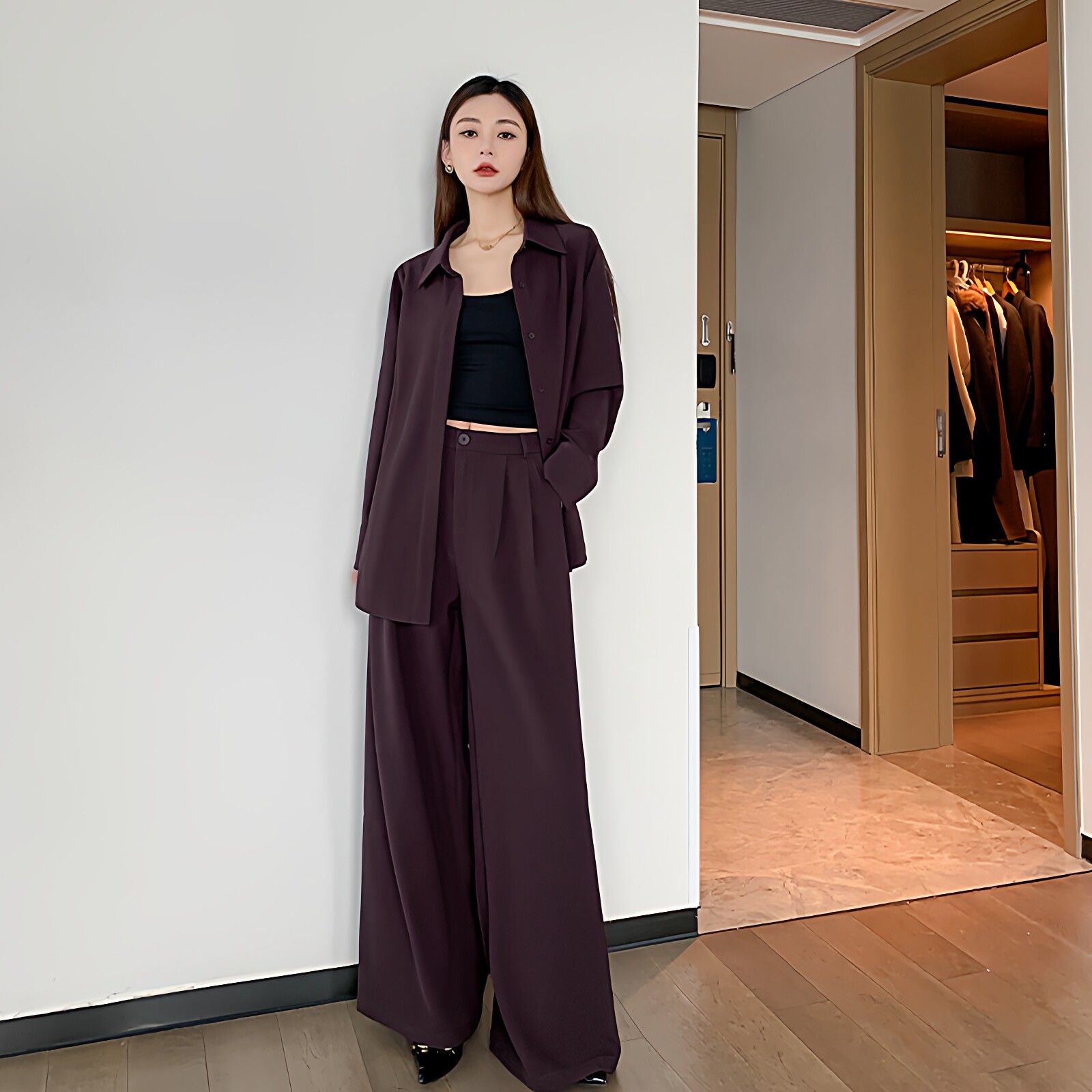老钱风酱紫色衬衫阔腿裤套装胖mm两件套时尚大码女装2026春季新款