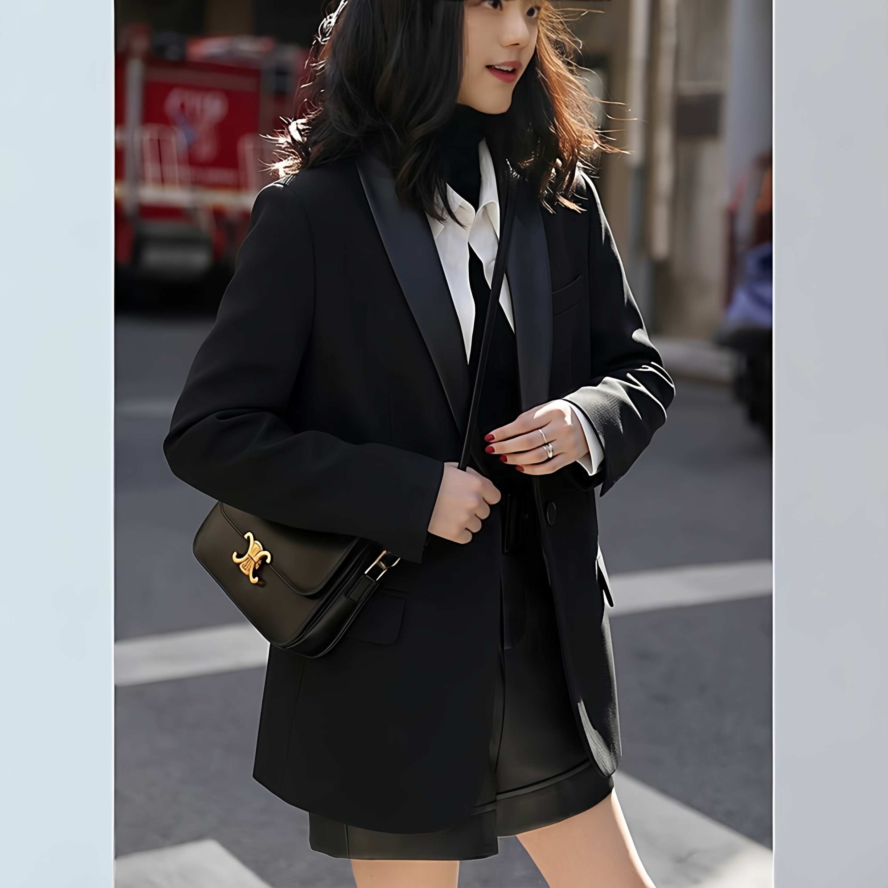 pu西服领拼接外套女装中长款春秋高级感西装休闲户外上衣小个子