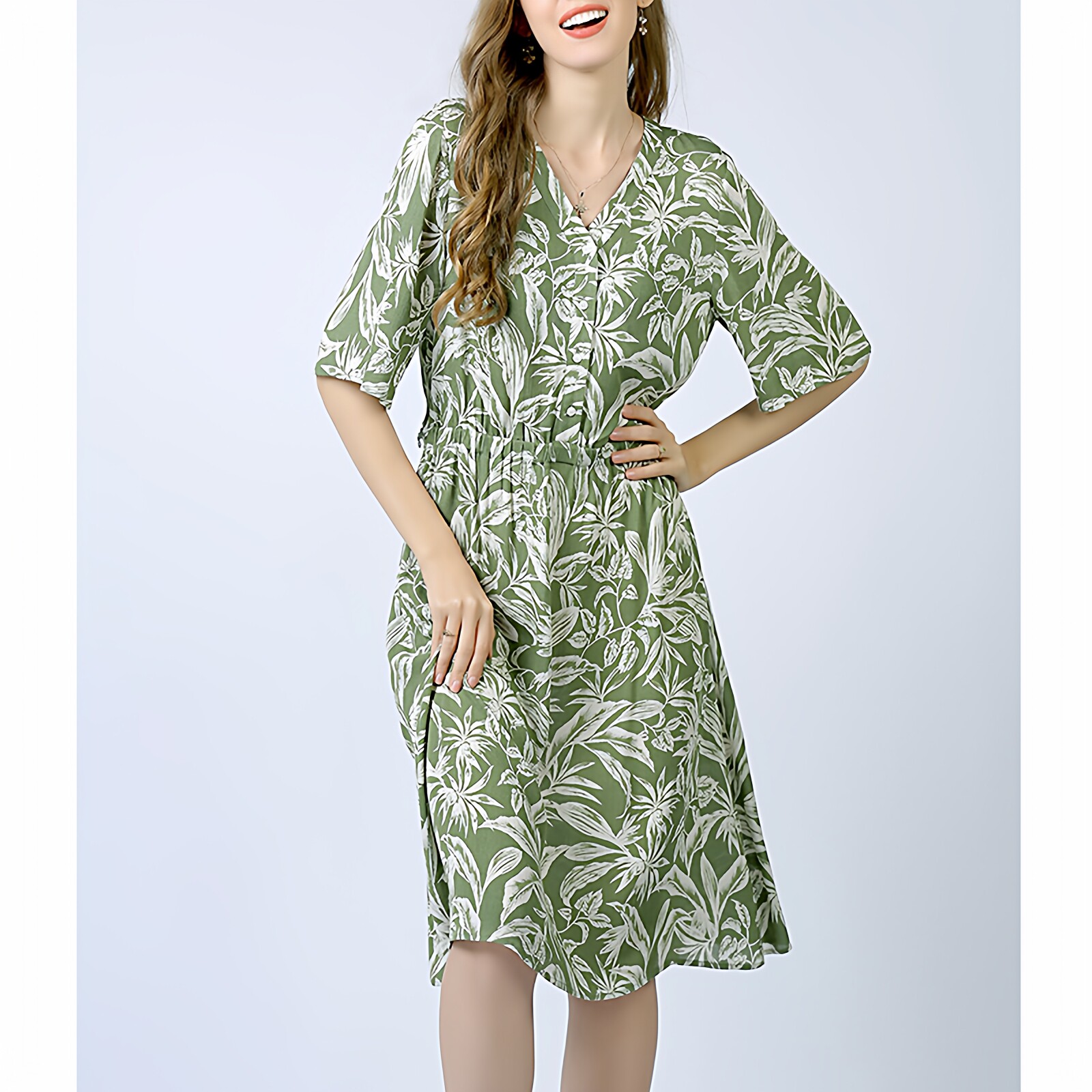 夏装大码女装高端好棉绸v领a字松紧收腰衬衫连衣裙长新款人造绵绸