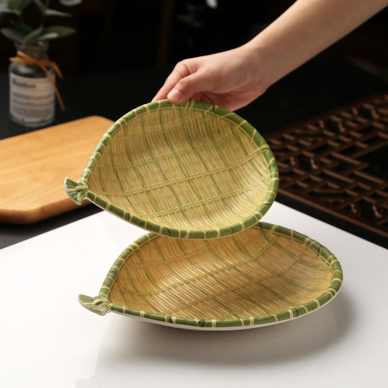 密胺仿竹编餐具火锅店烧烤店专用菜盘仿瓷圆形长方形上菜盘子商用