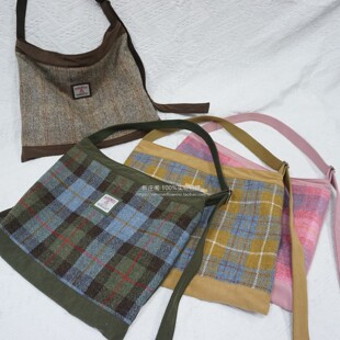 原创Harristweed秋冬粗花呢拼接灯芯绒斜挎腋下单肩大容量软布包