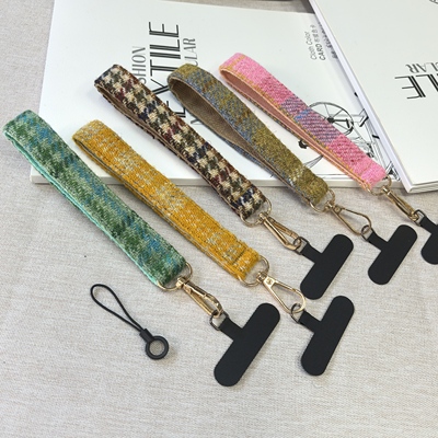 Harristweed秋冬粗花呢格纹羊毛复古手腕带加宽防丢手机挂绳
